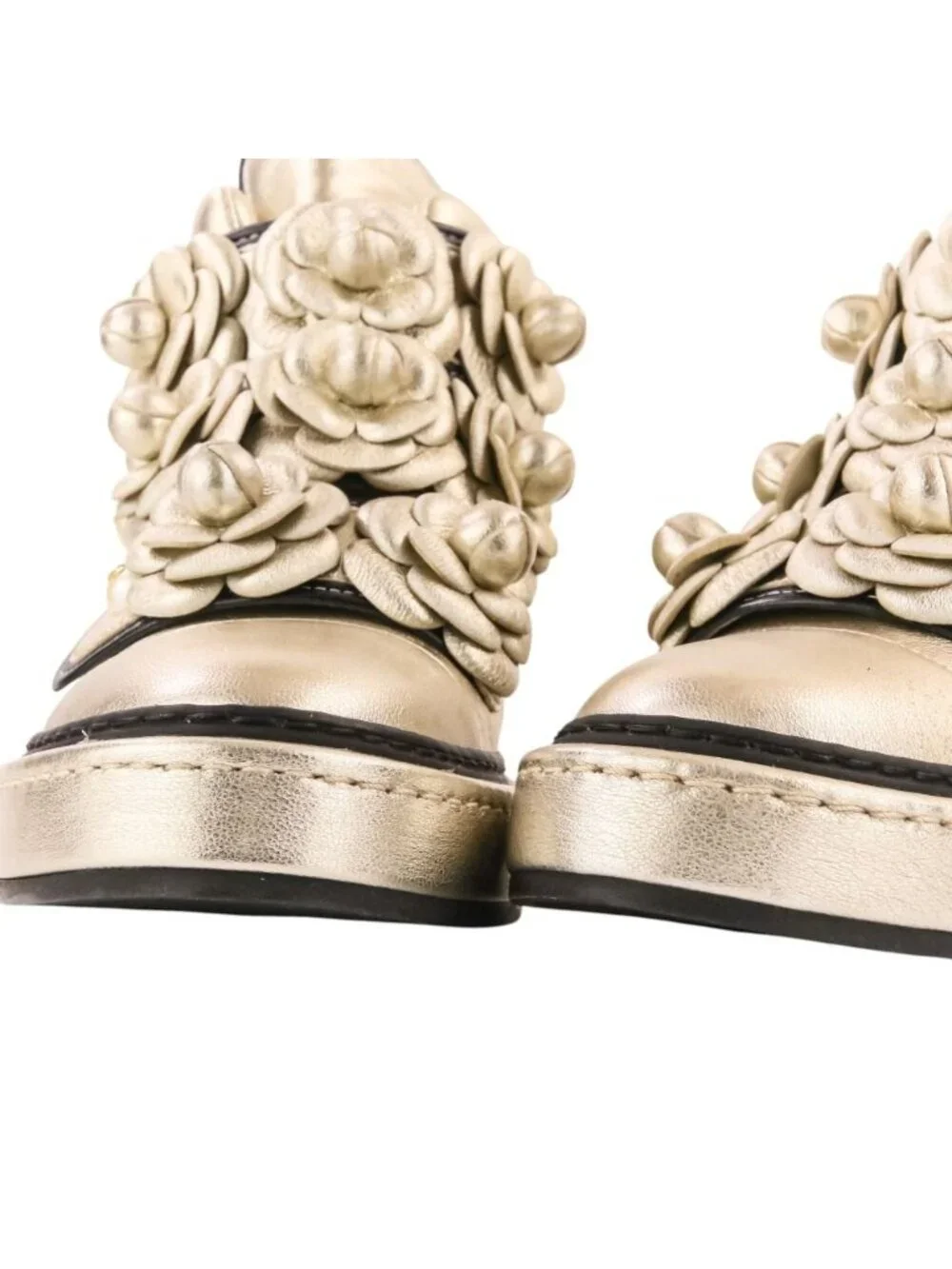 Chanel Camellia Faux Pearl CC Logo High Top Sneakers Gold Colored